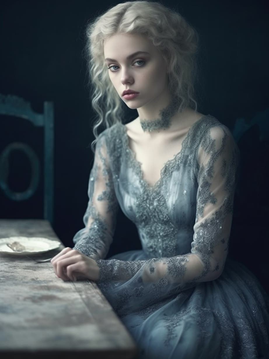 AI generated: a woman sitting at a table , by Valerie Petts, tumblr, intricate fantasy dress, blueish tones, offic...