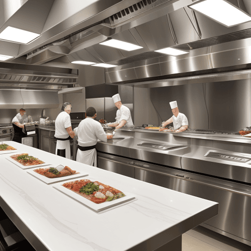 AI generated: front view photograph, chef’s table inside a bustling high-end restaurant kitchen, the table is set ...