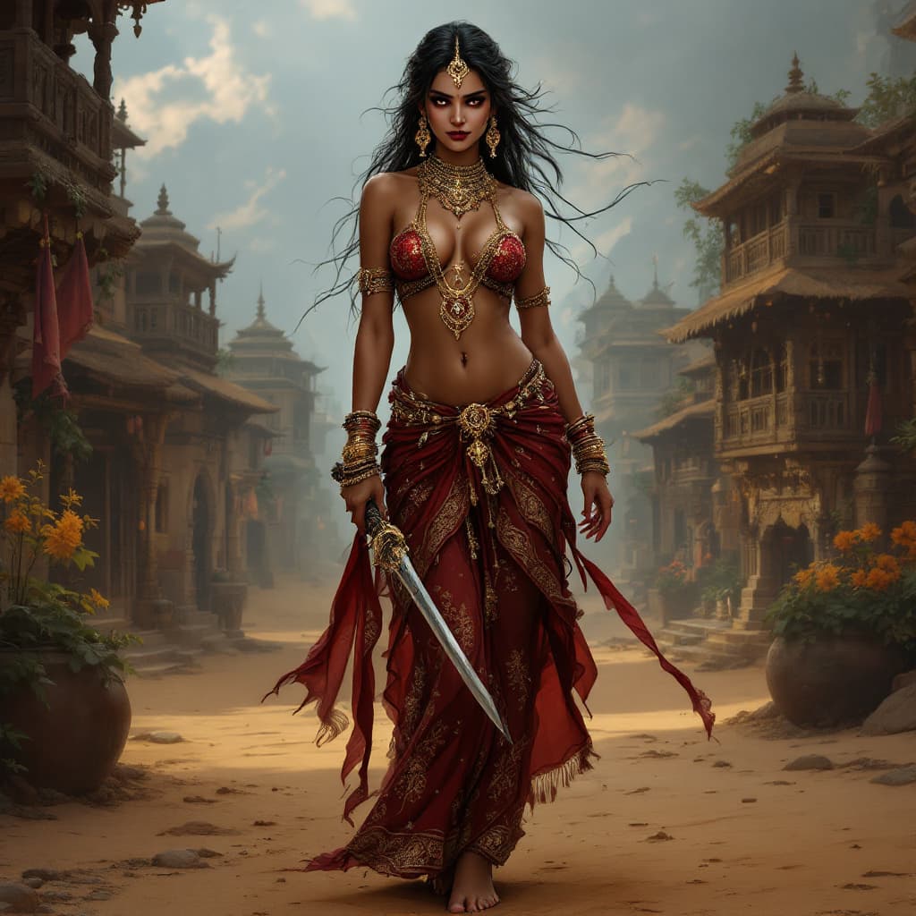 AI generated: Full body view, Fantasy illustration of a female indian  woman, barefoot, 18 years old,  very beauti...