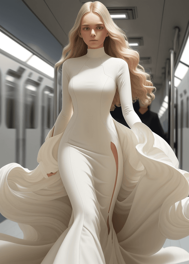 AI generated: The image is a full-length portrait of a 19 yo woman in a flowing cream dress. The dress features a ...