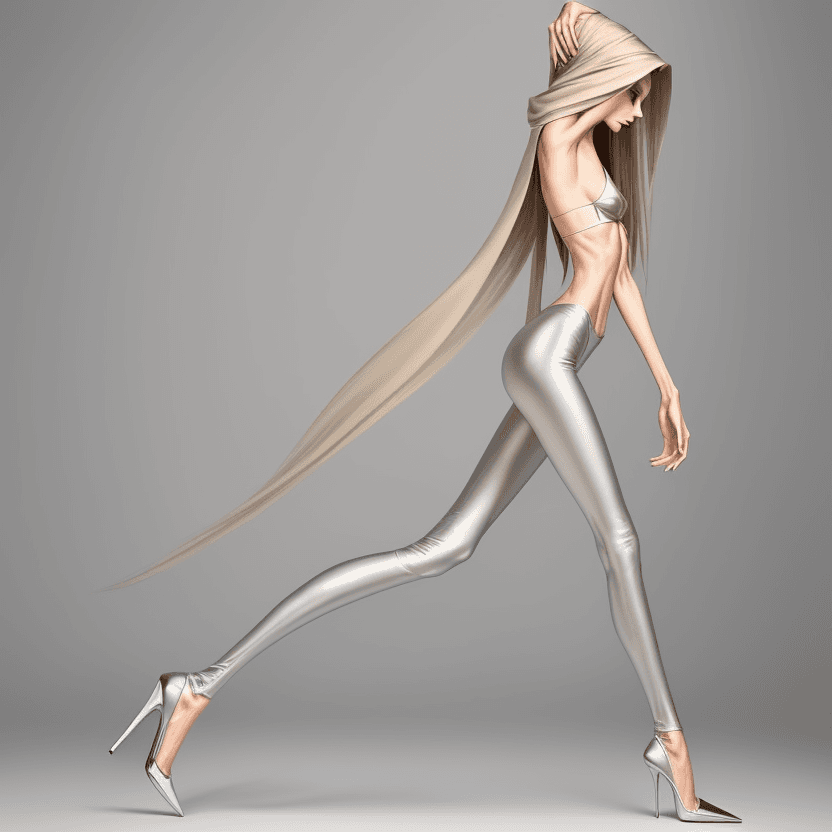 AI generated: photo of an extremely skinny, flat-chested model with extreme long and skinny legs with extreme long...