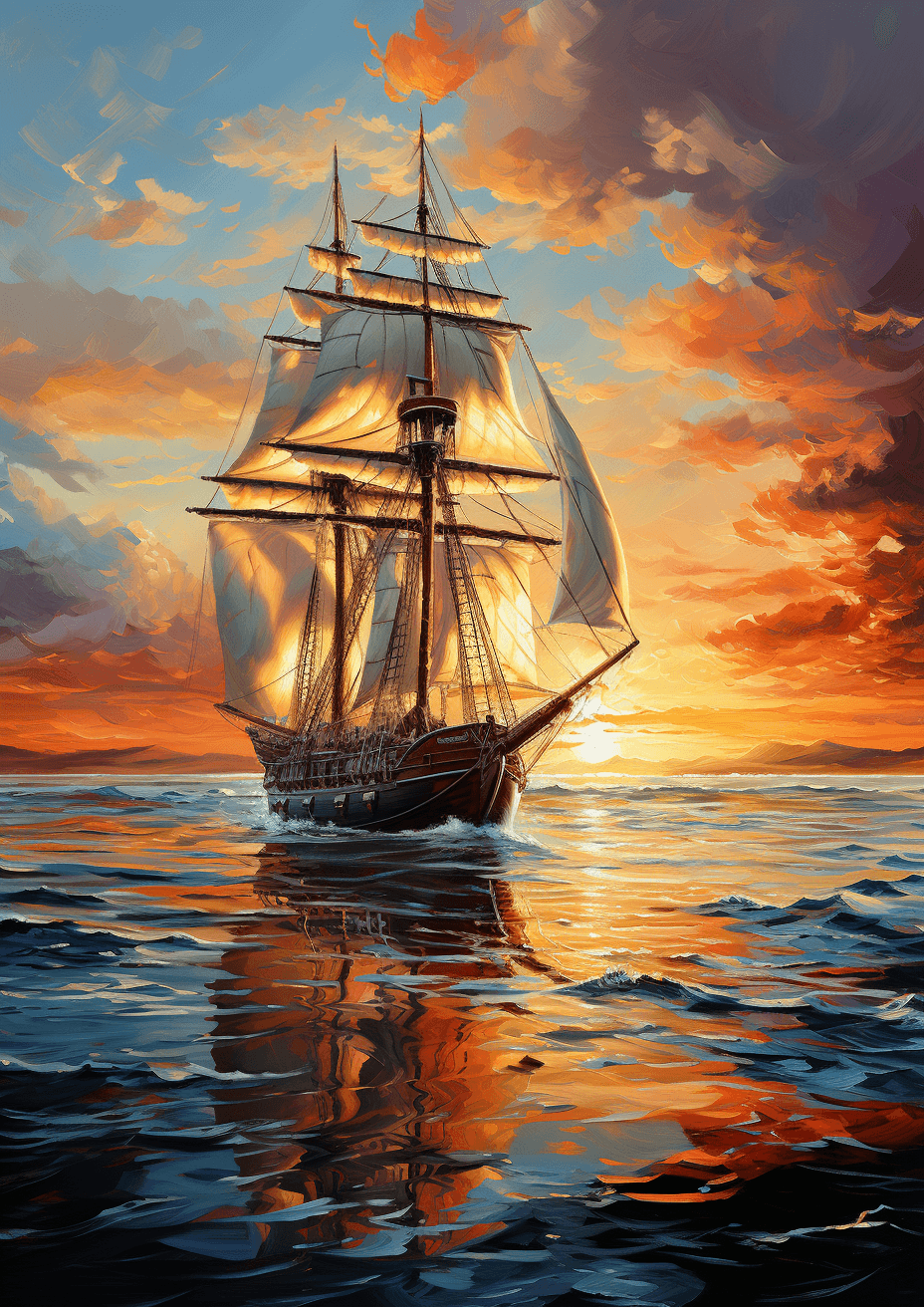 AI generated: big gorgeous sails, The sky above the sailboat is a vast expanse of blues and whites, with scattered...