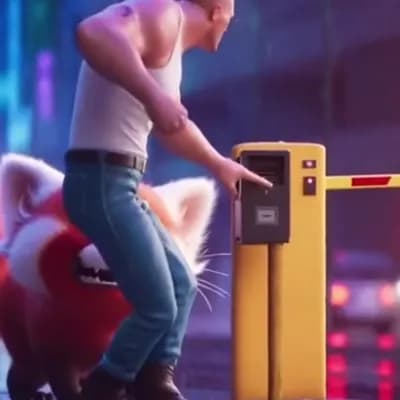 AI generated video: A cinematic and humorous action scene in a modern city. A bald, muscular man in a white tank top and...