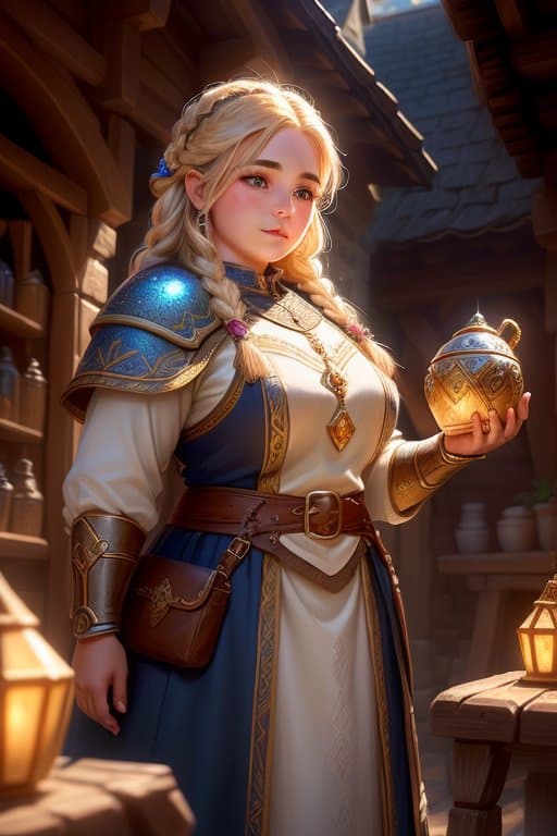 AI generated: award winning digital art of a dwarven cleric woman, braided hair, fully clothed, in a fantasy villa...