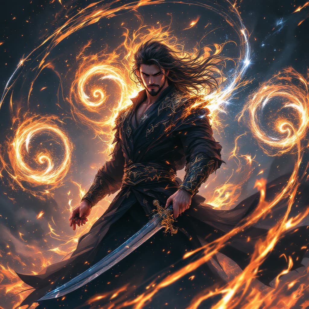 AI generated: In a mesmerizing scene, an ethereal anime man stands amidst swirling portals, each exuding sparkling...