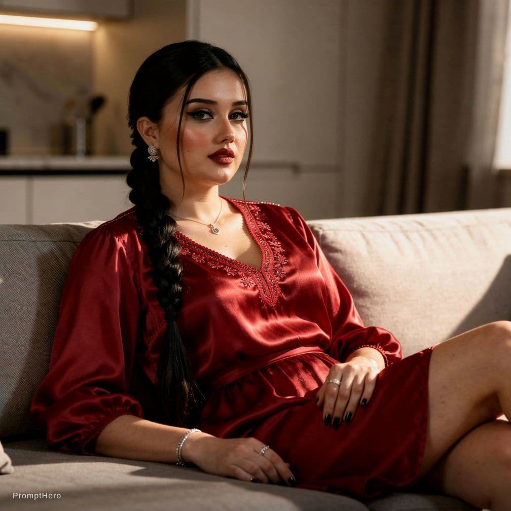 AI generated: A raw documentary photograph captures a curvy young female with a long, sleek black braid cascading ...