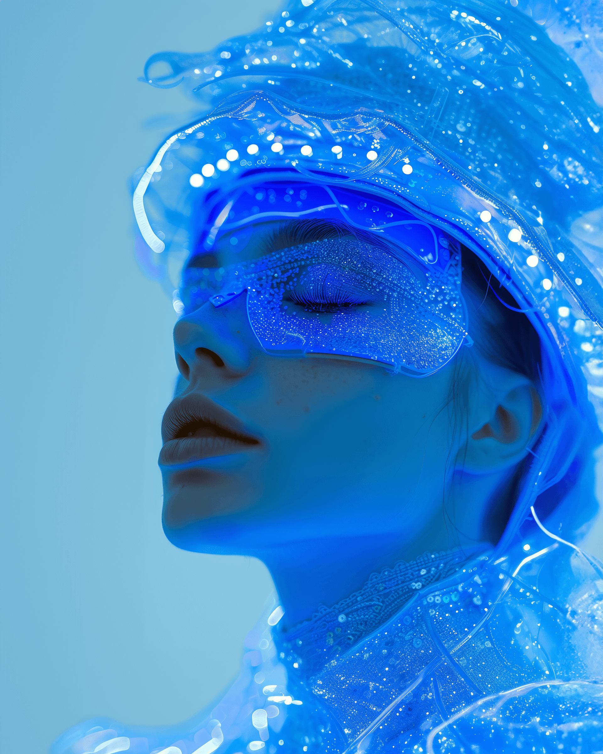 AI generated: a woman in a costume wearing a blue light, in the style of textural layers, kaja foglio, harry berto...