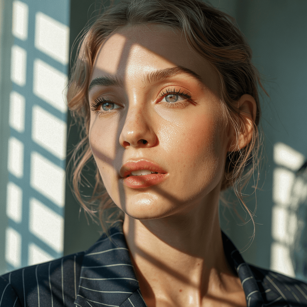 AI generated: Close-up portrait of a woman illuminated by soft, warm afternoon light streaming through window blin...