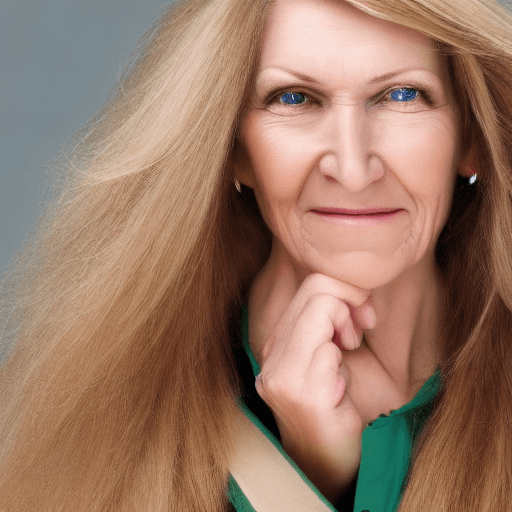 AI generated: woman aged 55 years, blond, mid hair, green eyes 