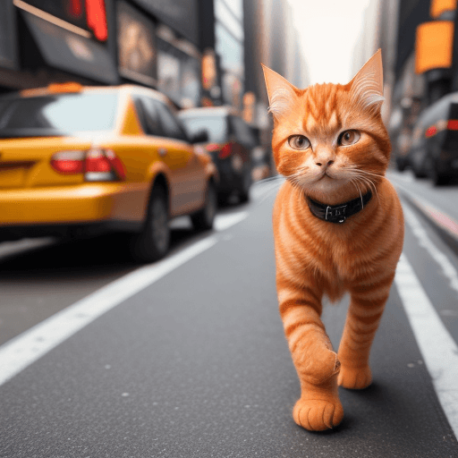AI generated: a ginger cat walking on a busy road in New York City.  High definition