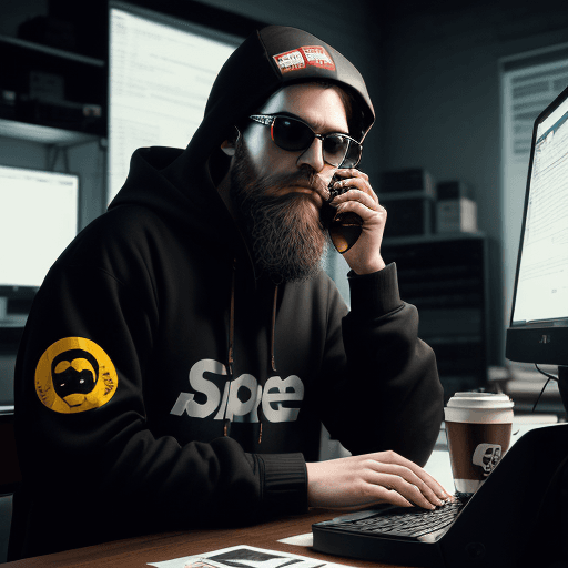AI generated: hacker, darkroom, coder, computer, man, medium beard, cool, grunge, (typing), ultra detailed detaile...