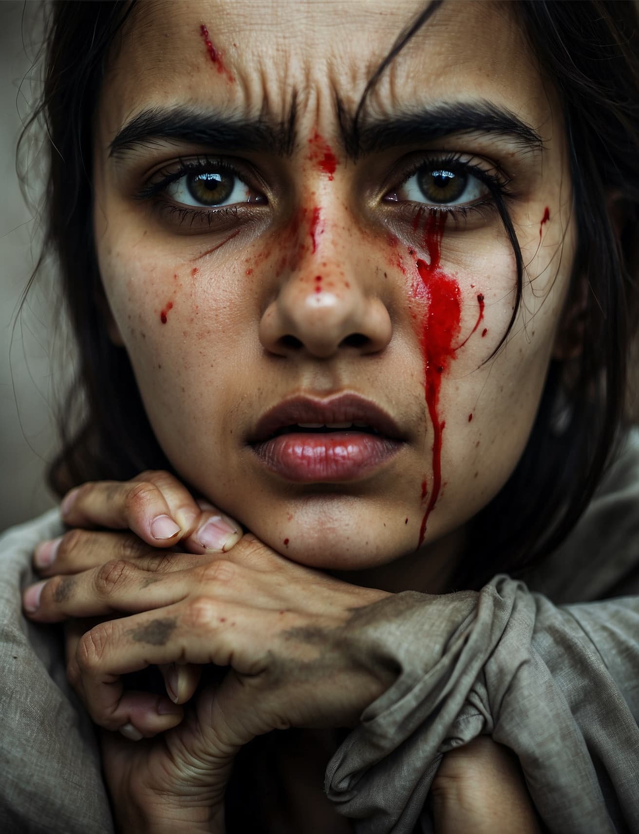 AI generated: "Produce an artistic representation of a waar victim, their eyes filled with fear and despair. The s...