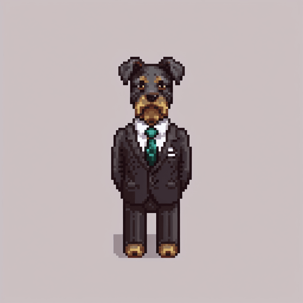 AI generated: (Man in black suit and tie) Cartoon Anthropomorphic Miniature Schnauzer Dog