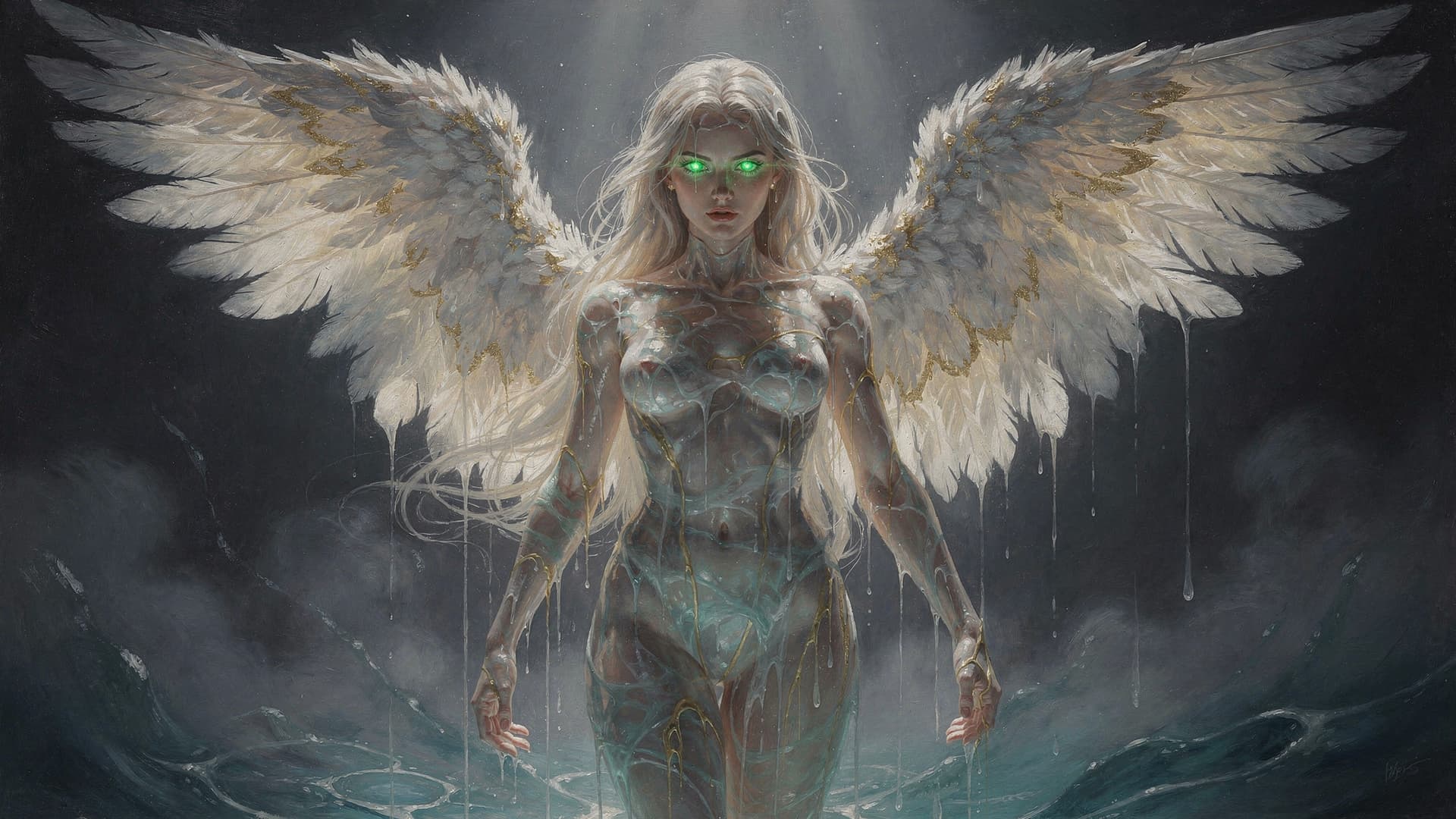 AI generated: female body, GREEN EYES,  with 2 large white feathered angel wings on her back spread out as if to f...