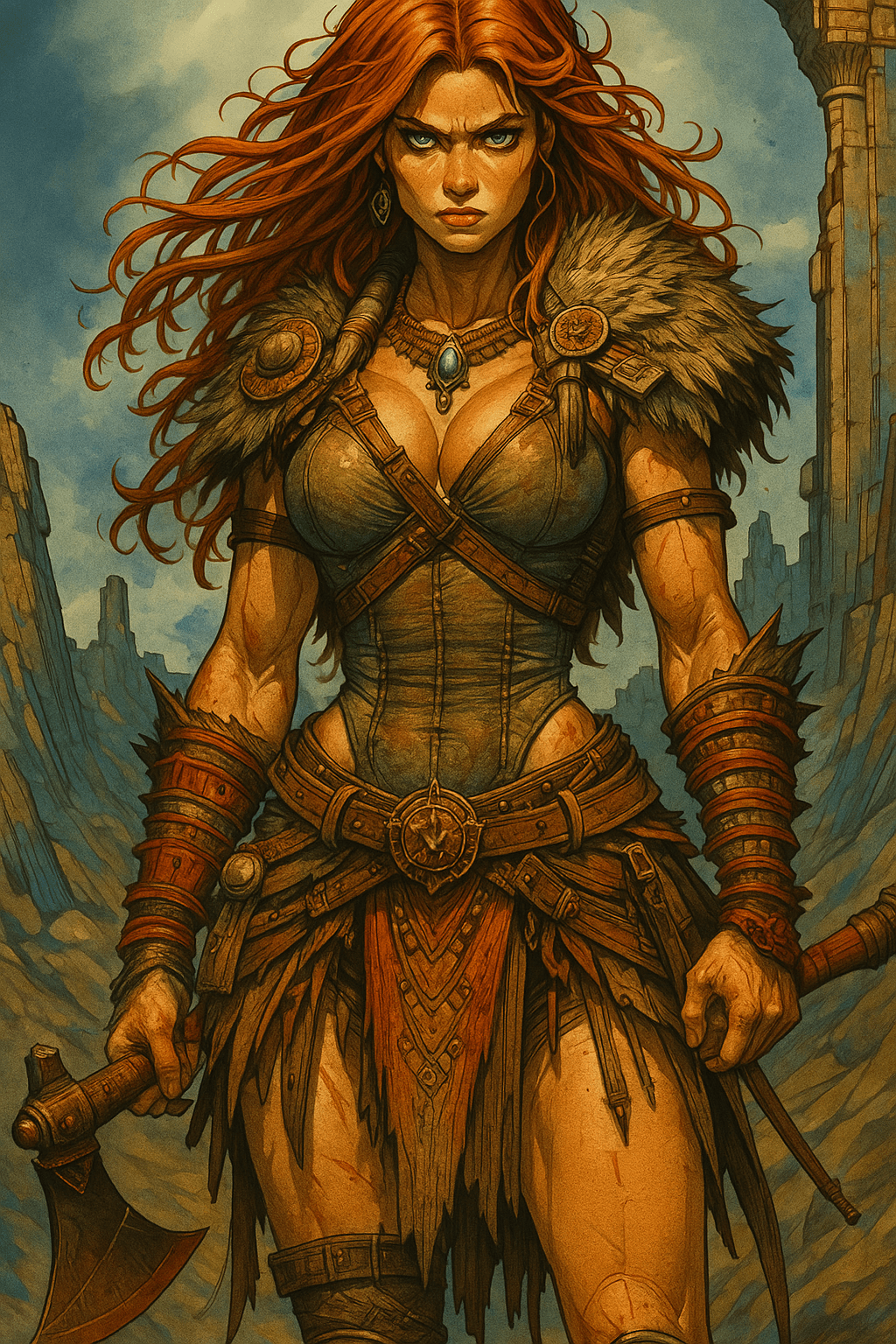 AI generated: Colorise cette image dans un style comic grimdark, la chevelure du modèle est rousse et les yeux son...
