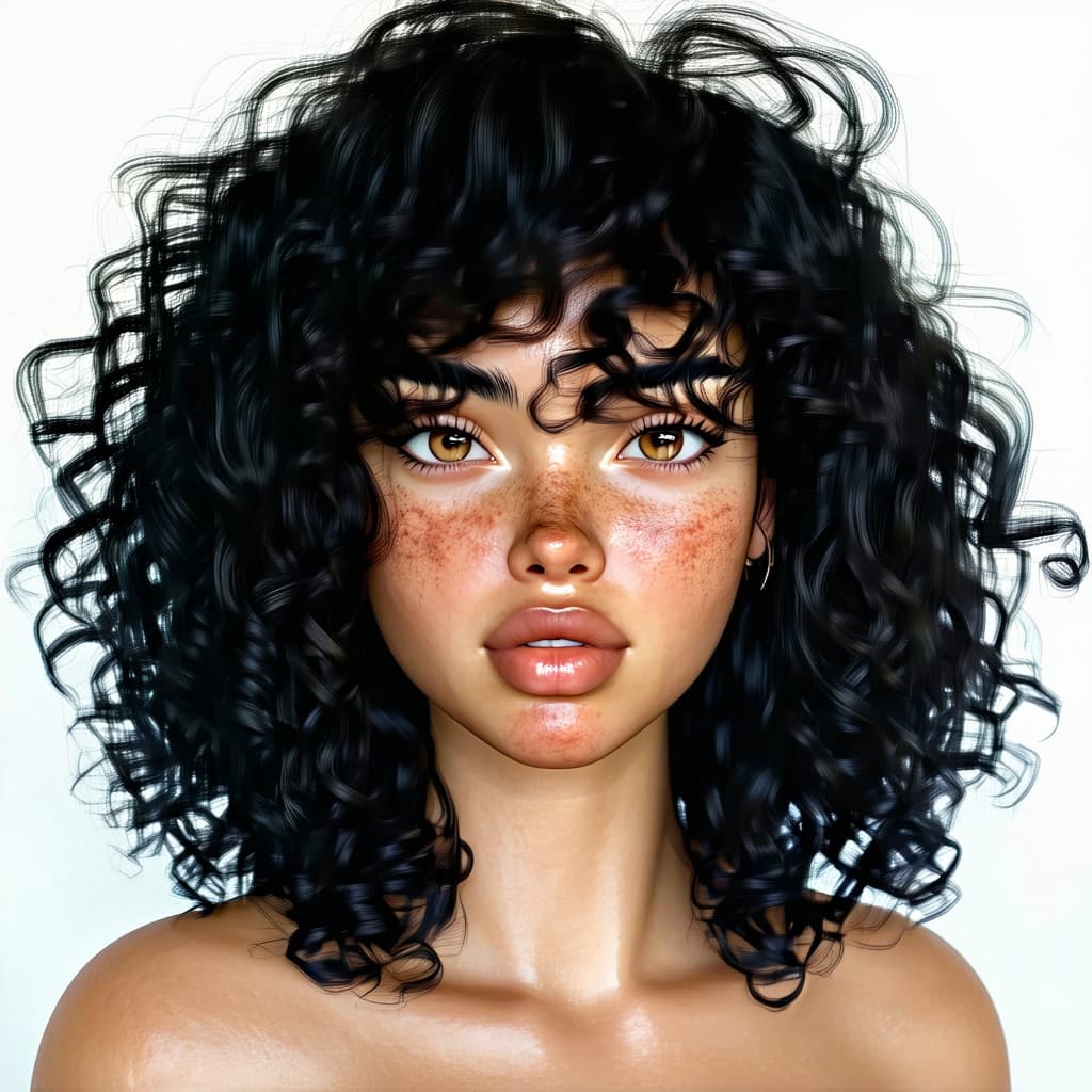 AI generated: a model with curly black hair, in the style of daz3d, close-up, hazy, wavy, brown, tondo, ferrania p...
