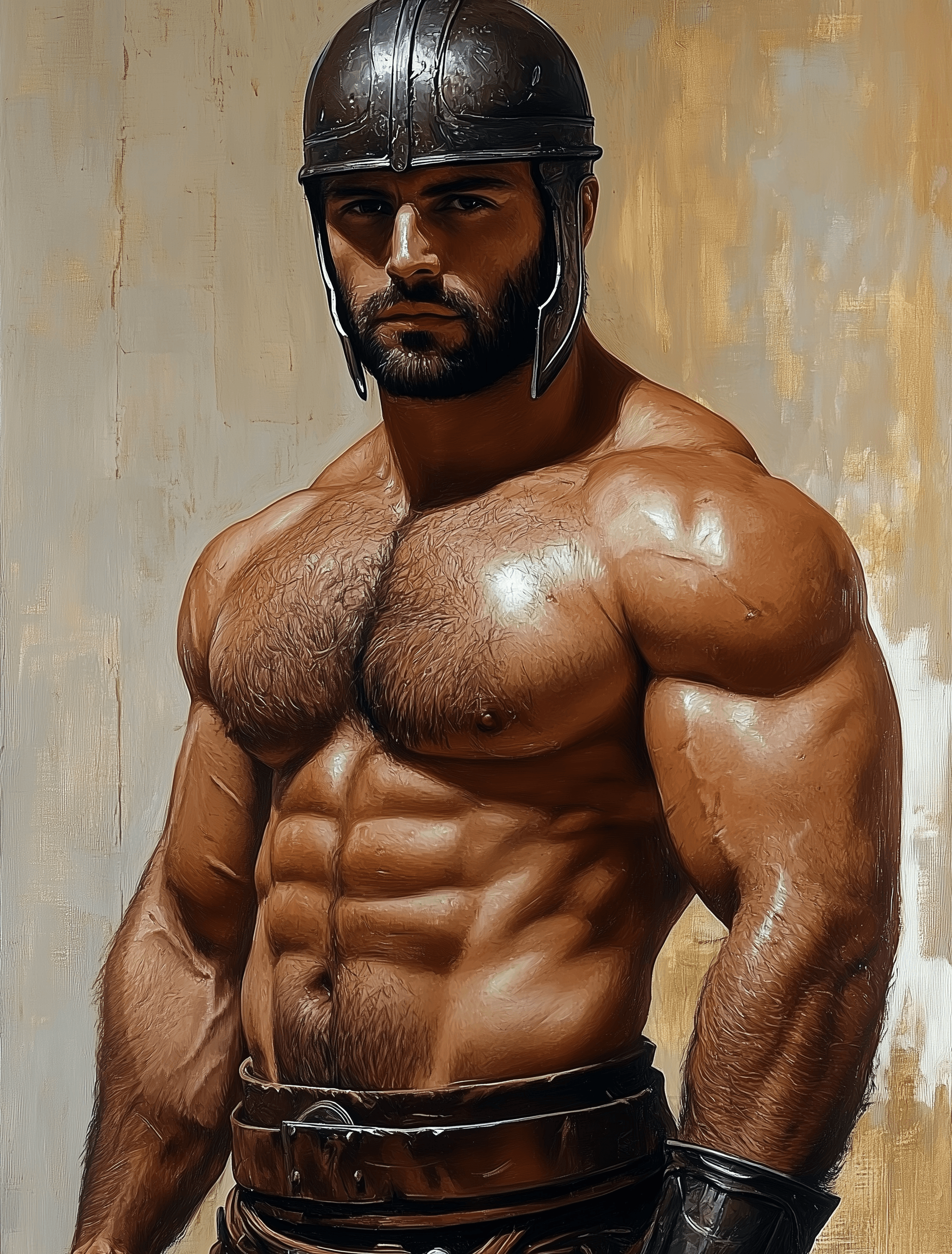 AI generated: Oil painting of the gladiator from "The Gladiator", full-body portrait, wearing a chestnut-colored h...