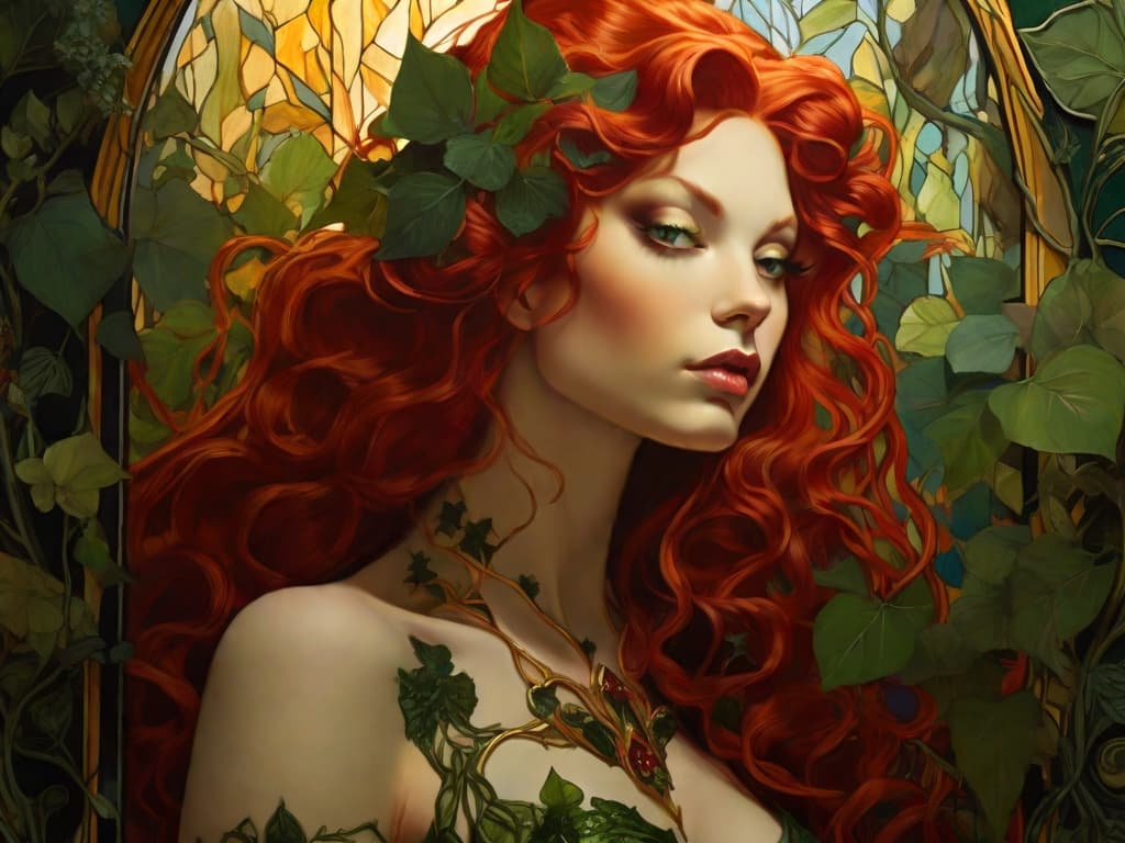AI generated: "Poison Ivy gazing into a mirror, surrounded by lush and vibrant foliage, inspired by the Art Nouvea...