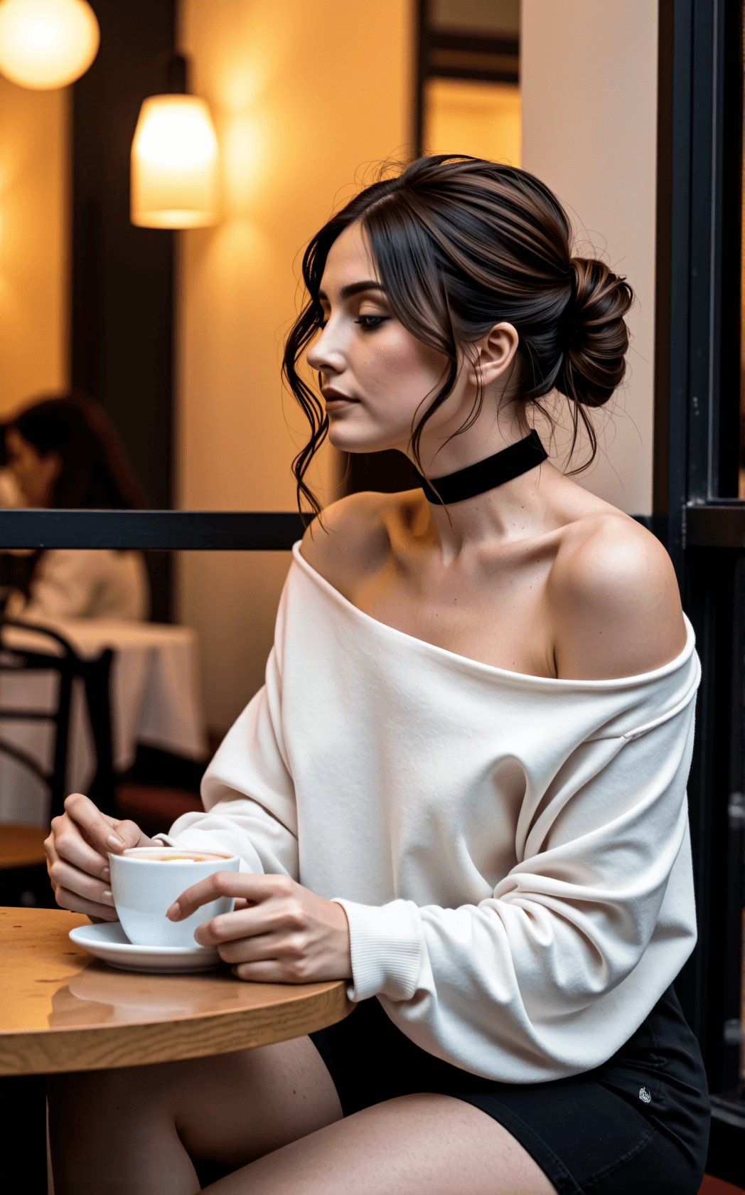 AI generated: A candid ultra-high-quality photograph of a woman with glossy chestnut hair in a loose low bun, soft...