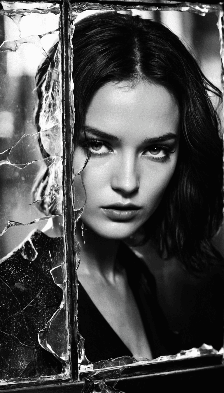 AI generated: black and white photography in style by Bruce Davidson, fashion editorial, dark haired woman behind ...