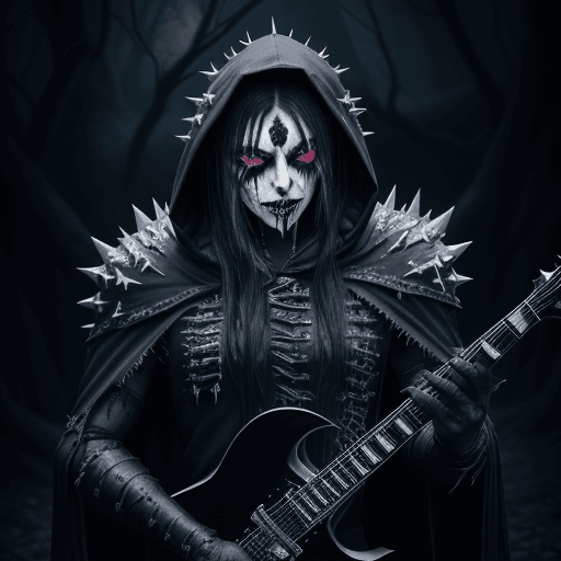 AI generated: black metal singer with corpse paint wearing a hooded cloak a torn apart from his spikes that he wea...