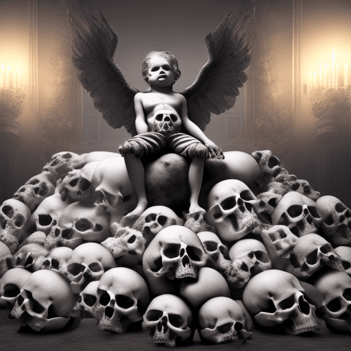 AI generated: Photo of a ultra realistic cherub, leaning against a pile of human skulls, one hand resting on top o...