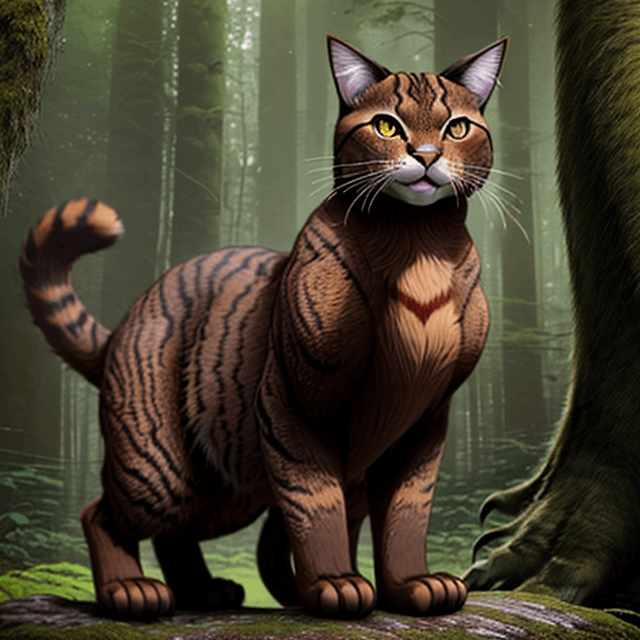 AI generated: frontal view of a nice, wise, giant brown cat standing on rare paws in a  prehistoric forest,  front...