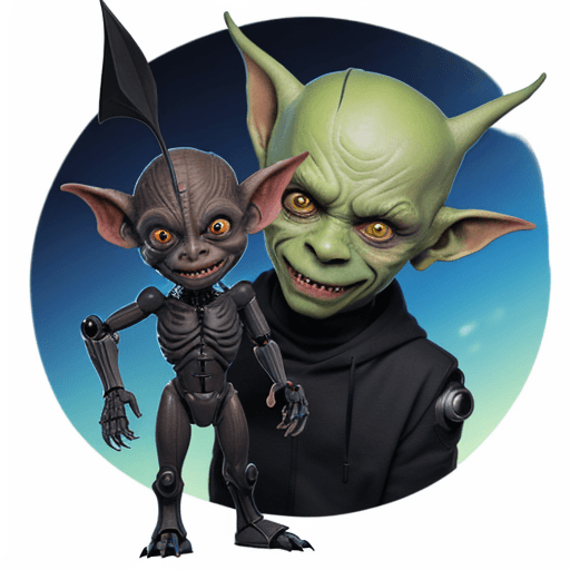 AI generated: Goblin with cybernetics made to look half goblin and half robot. Cartoon. 