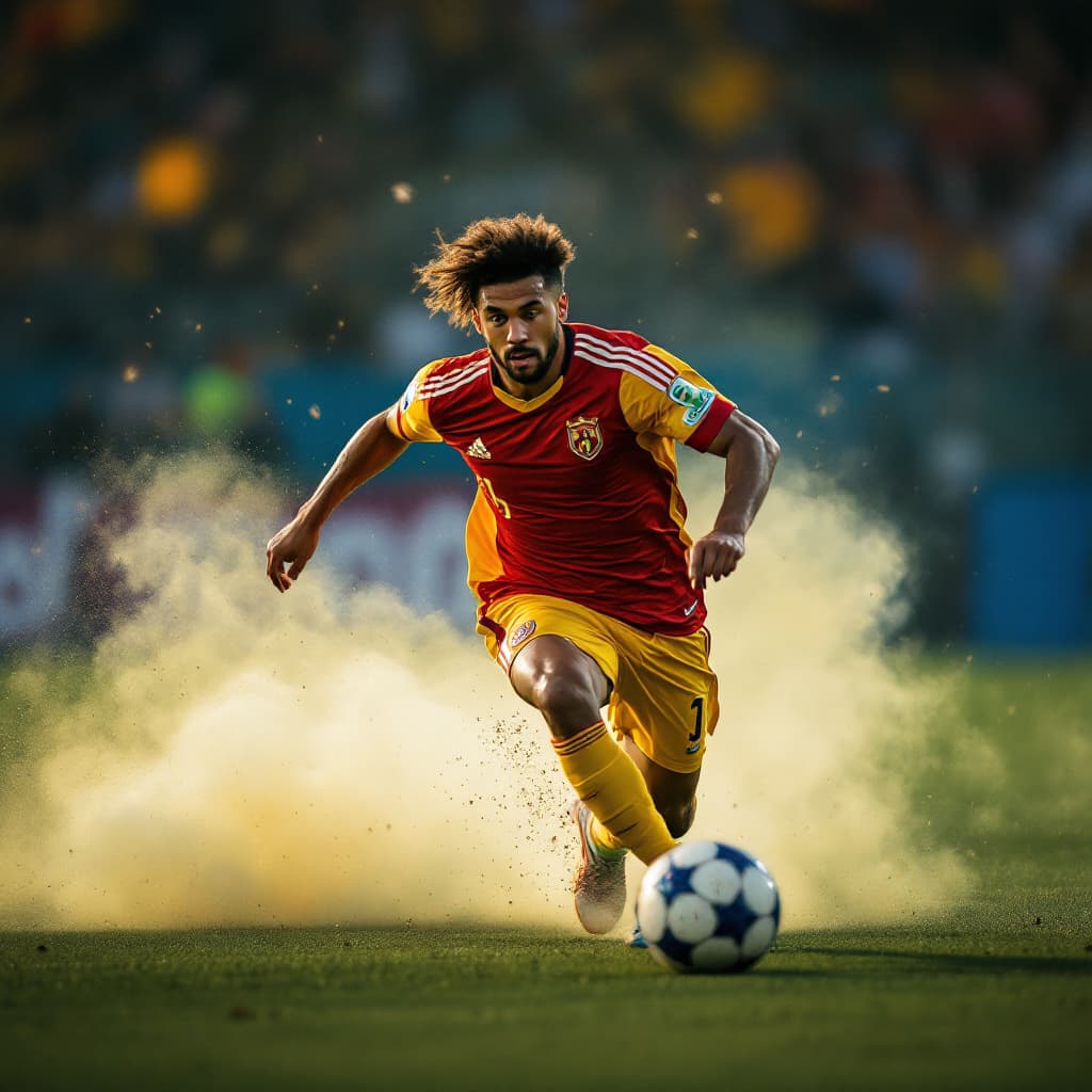 AI generated: football player in 90th minutes in chill vibe in a counterattack
