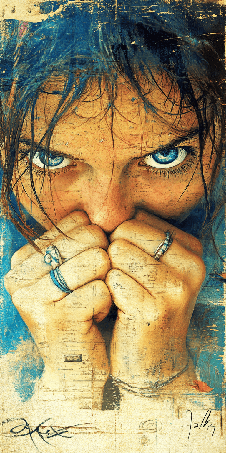 AI generated: An expressionist charcoal sketch, a stunning woman with piercing blue-green eyes, soulful --chaos 55...