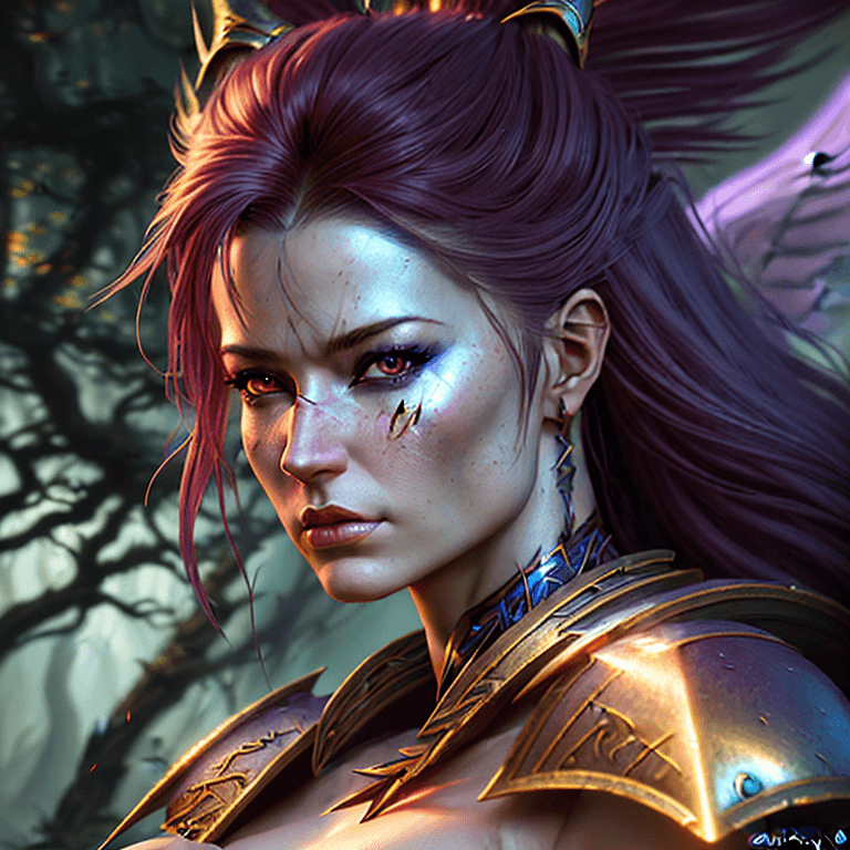 AI generated: Sharp focus portrait, Hyper realistic, mythical fantasy beautiful female warrior, vibrant, unreal en...