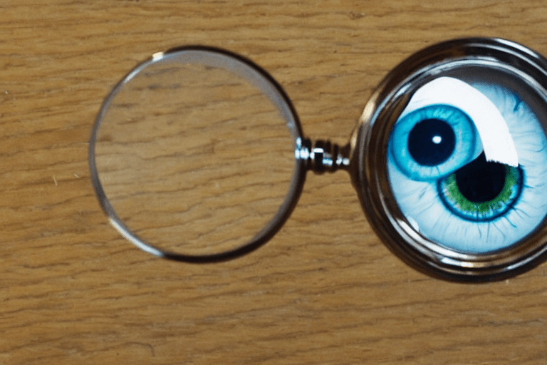 AI generated: a big eye ball looking through a magnifying glass, a macaroni noodle hiding behind a glass on the co...