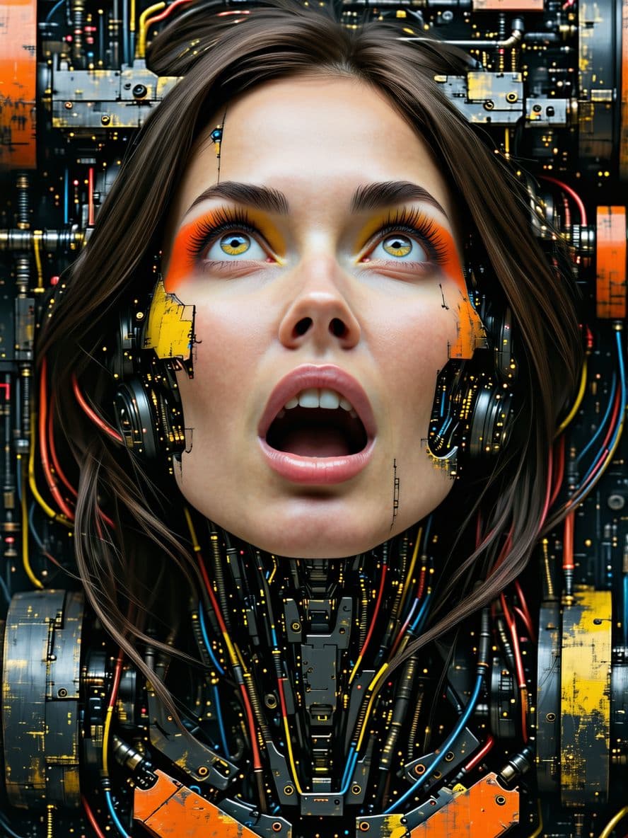 AI generated: A woman with an expressive look and slightly open mouth, her gaze is directed upwards, the girl's fa...