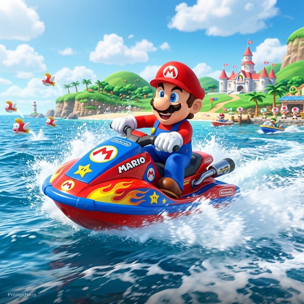 AI generated: super Mario on a jet ski