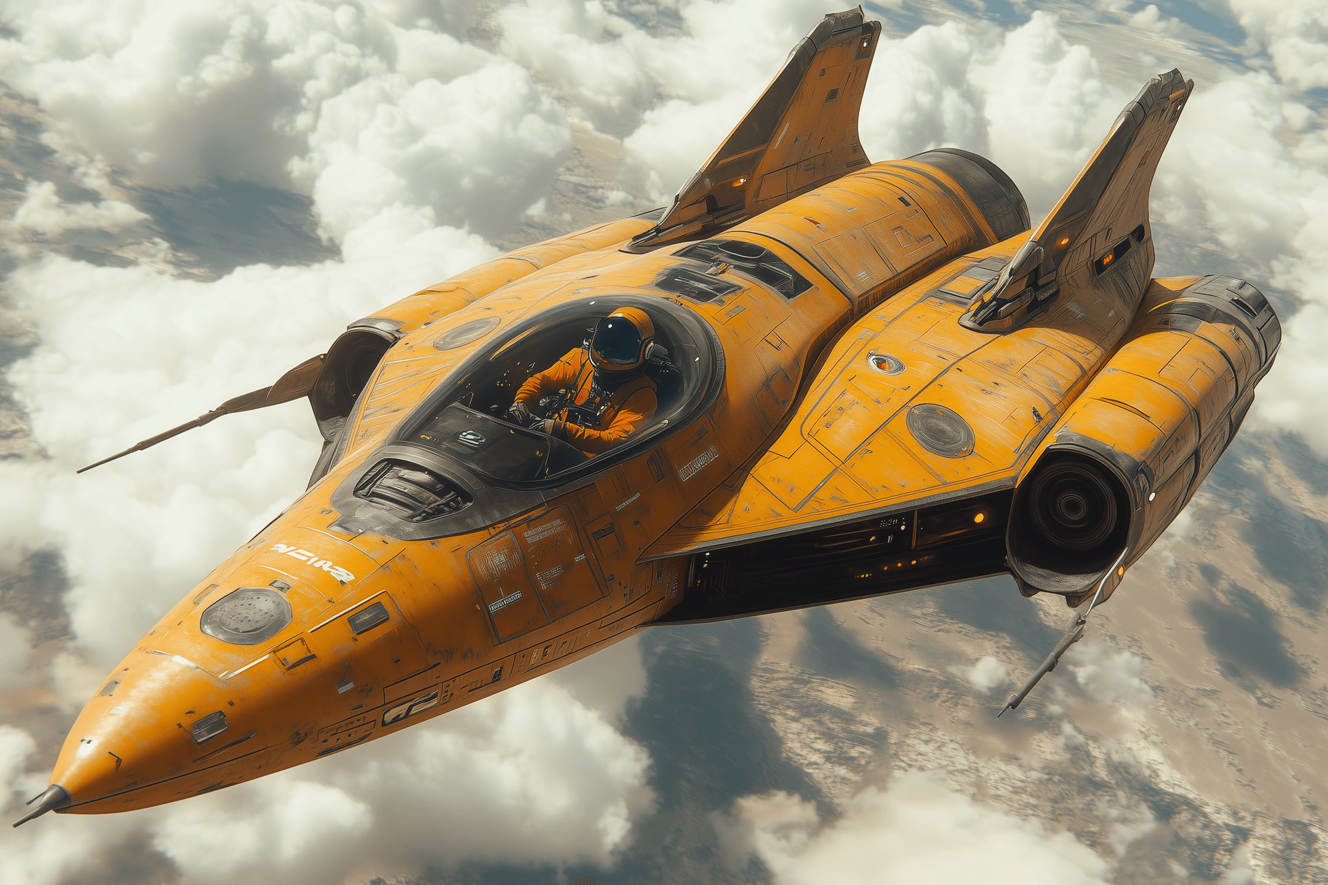 AI generated: A spaceship with two space pods attached to it, the pilot is sitting in one of them wearing an orang...