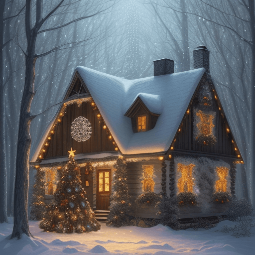 AI generated: Art by Kajenna, full body, christmas evening in winter forest, falling snow christmas tree and engli...