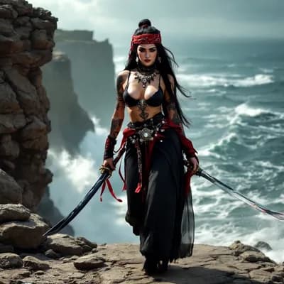 AI generated video: The woman walk to camera, the wind moves her hair and clothes, the sea is stormy, the camera moves b...