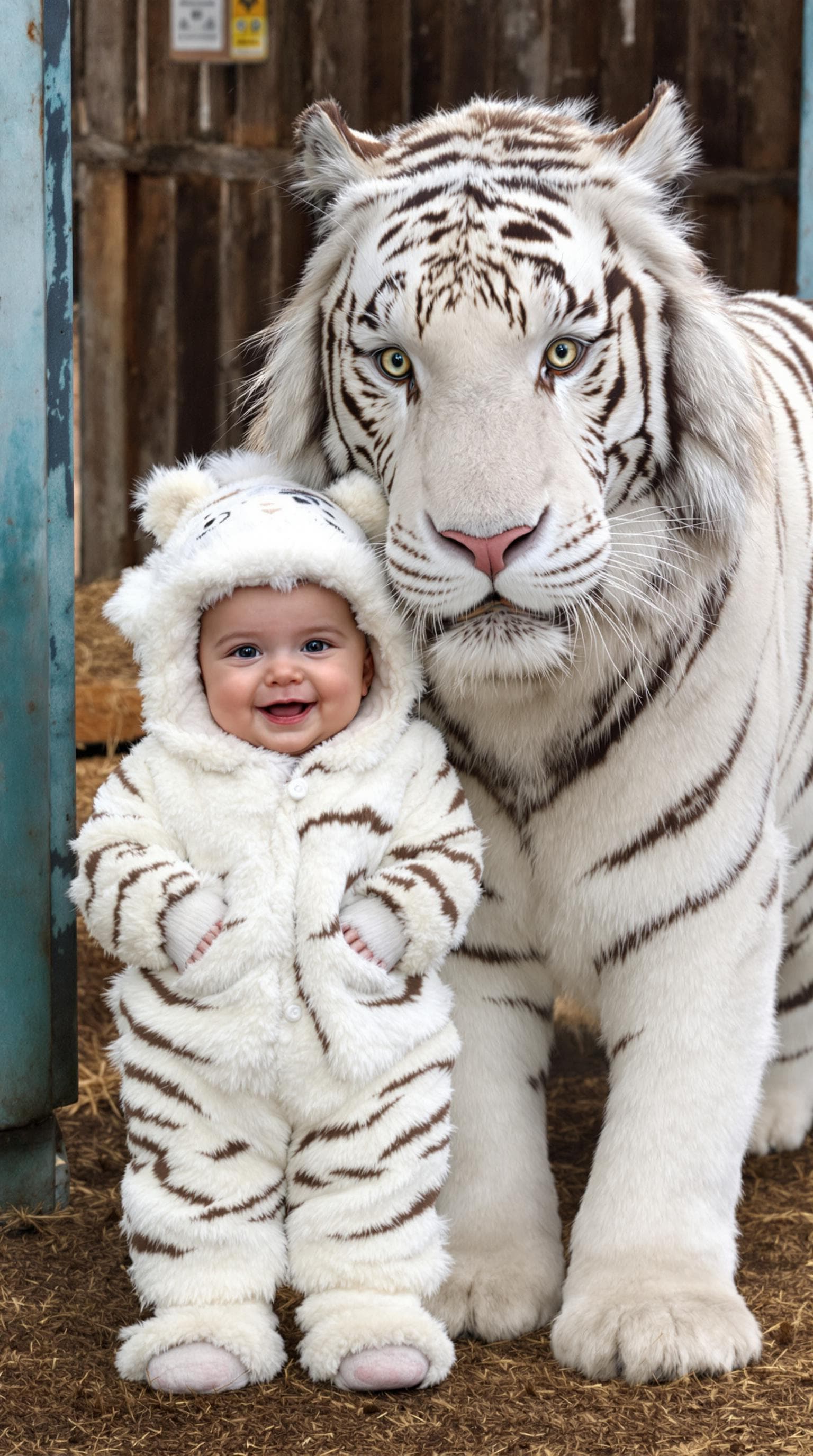 AI generated: A realistic, high-definition image of a baby and a white tiger standing together, both facing the ca...