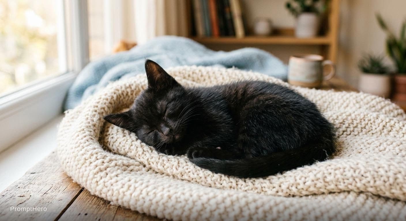 AI generated: Cute little black cat sleeping