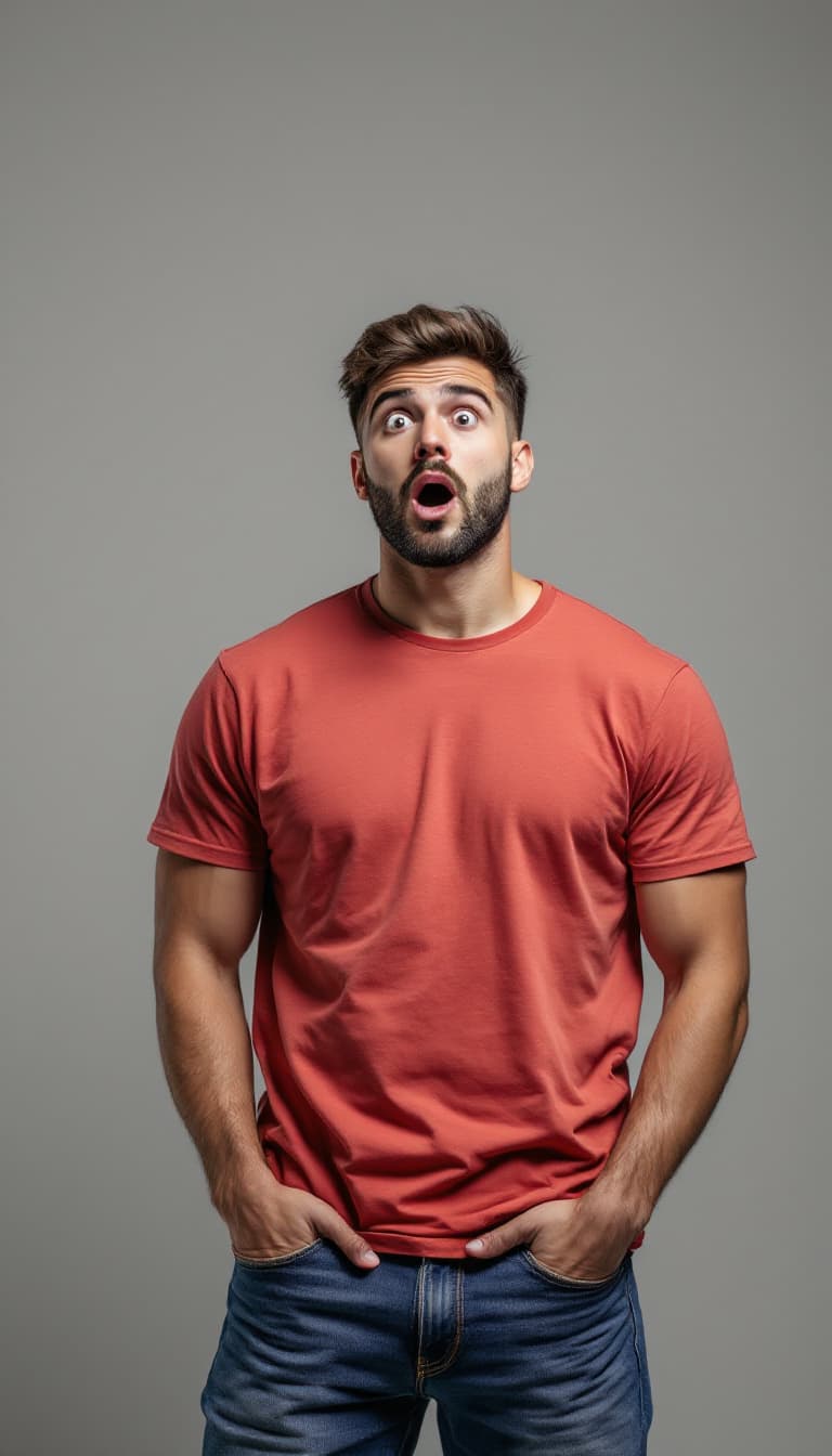 AI generated: Low angle view, photograph of a handsome, surprised caucasian man, standing with his hands on his wa...