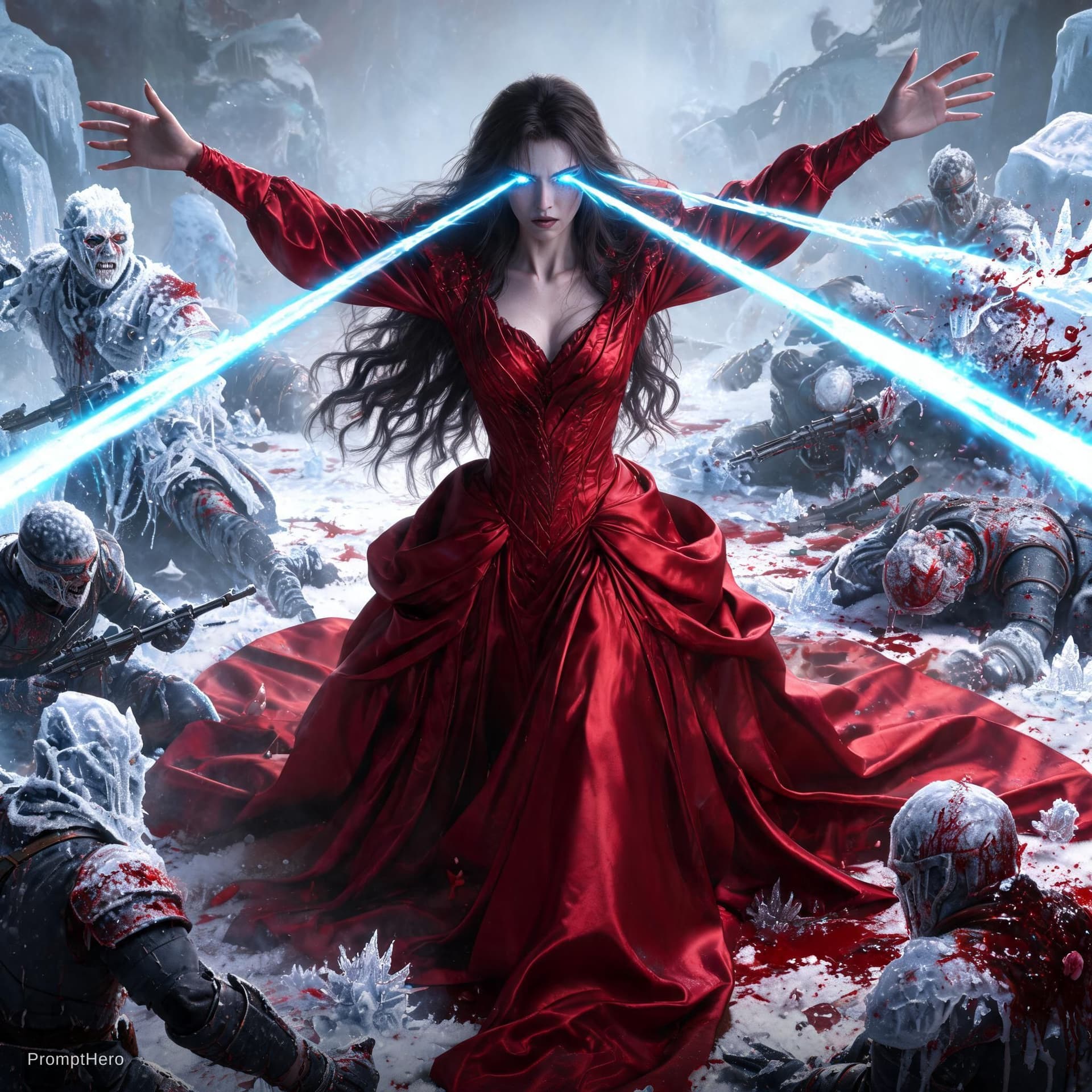 AI generated: She wears a luxurious red dress, her arms spread wide, her eyes release rays of freezing pain like l...