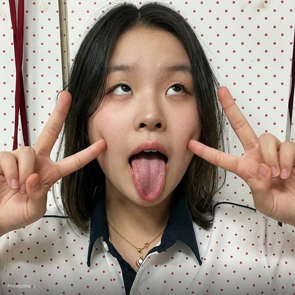 AI generated: Open your tongue wide, open your eyes upward, and make a V with your hands next to your cheeks