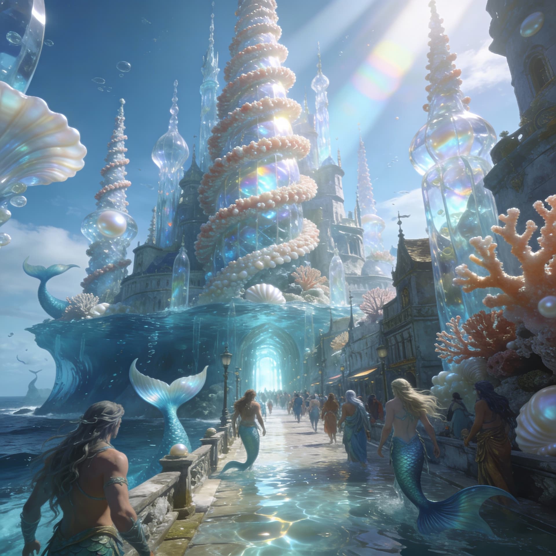 AI generated: Mid-evil fantasy world, Wheel of Time
 The Mermaid City: 
   - A towering, half-submerged metropolis...