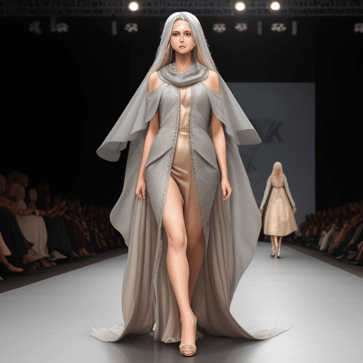 AI generated: Long gray linen hair shawl, catwalk catwalk, wearing a dress, the front skirt is in the shape of an ...