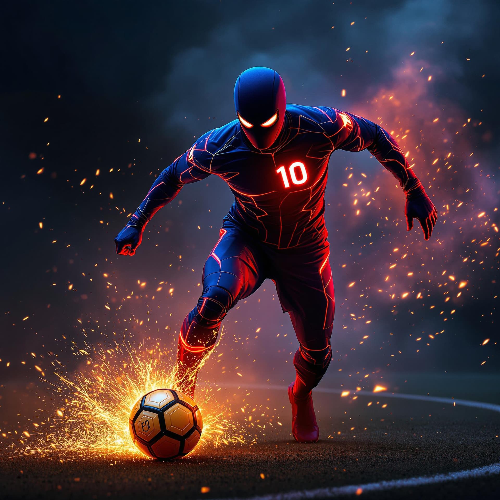 AI generated: FUTURE SOCCER PLAYER IN A TIGHT BLUE RED SUPERHERO SUIT WITH A FACE MASK AND THE NUMBER GLOWING TEN ...