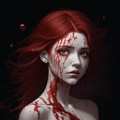 AI generated: A half body portrait of a woman made of blood, half body is submerged in blood, red hair depicting a...
