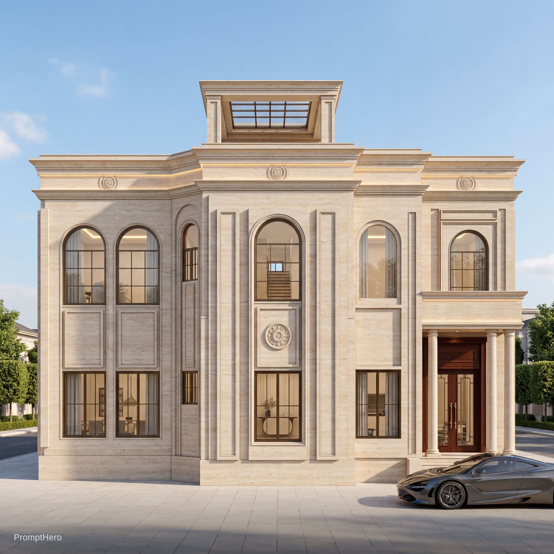 AI generated: Exterior facade design of a two-story residential building,
modern-classic architectural style,
full...
