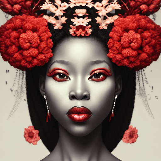 AI generated: the image of a black african woman with red hair and flowers, in the style of geisha portraiture, mo...