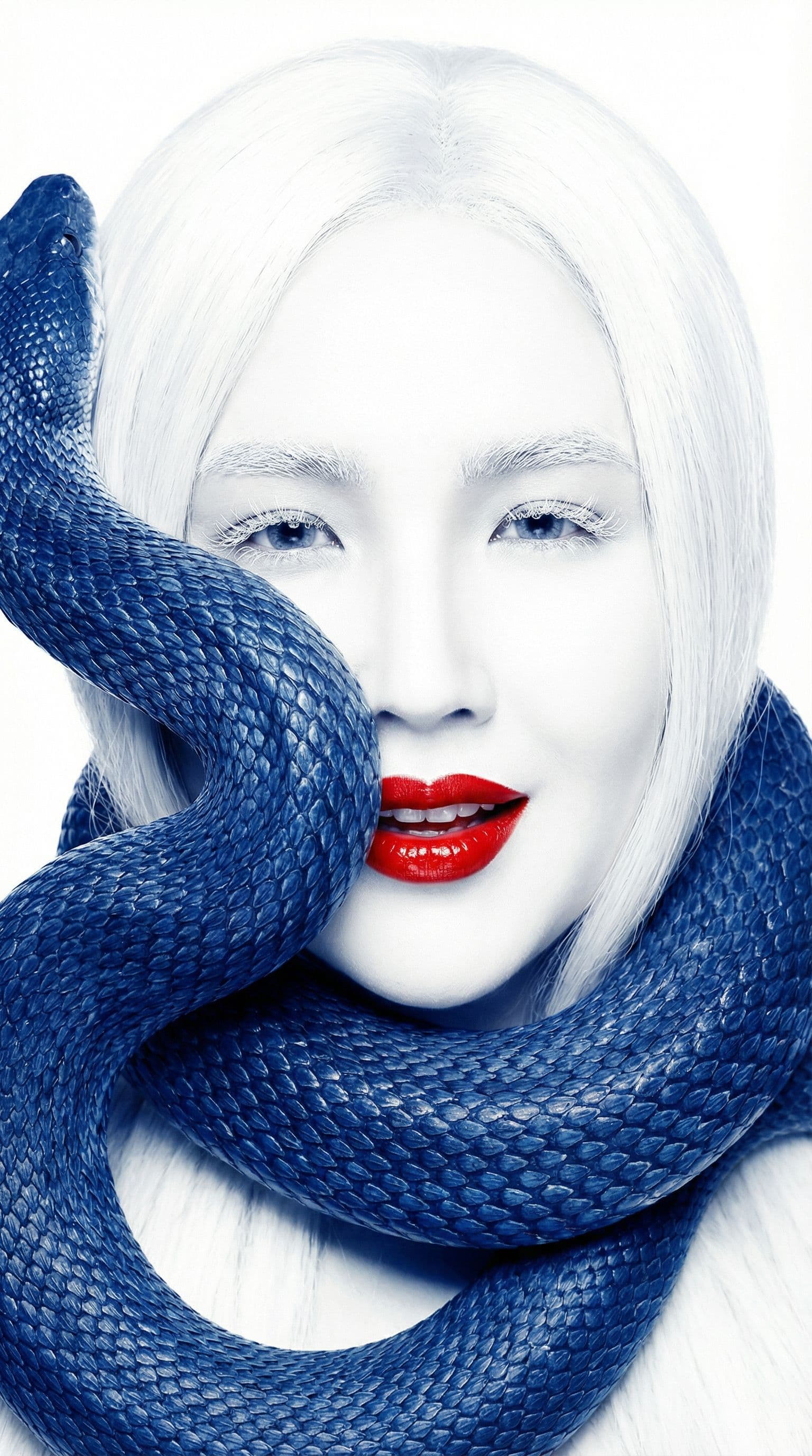 AI generated: A snake in deep blue #2d4fa3 wrapping around the girl’s face, its scales detailed and textured. The ...
