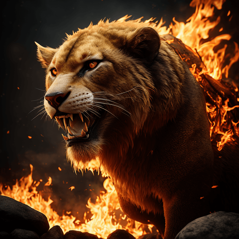 AI generated: mj, close up of scary sabertooth, flames, fire, epic composition, contrast colors, golden, sharp foc...